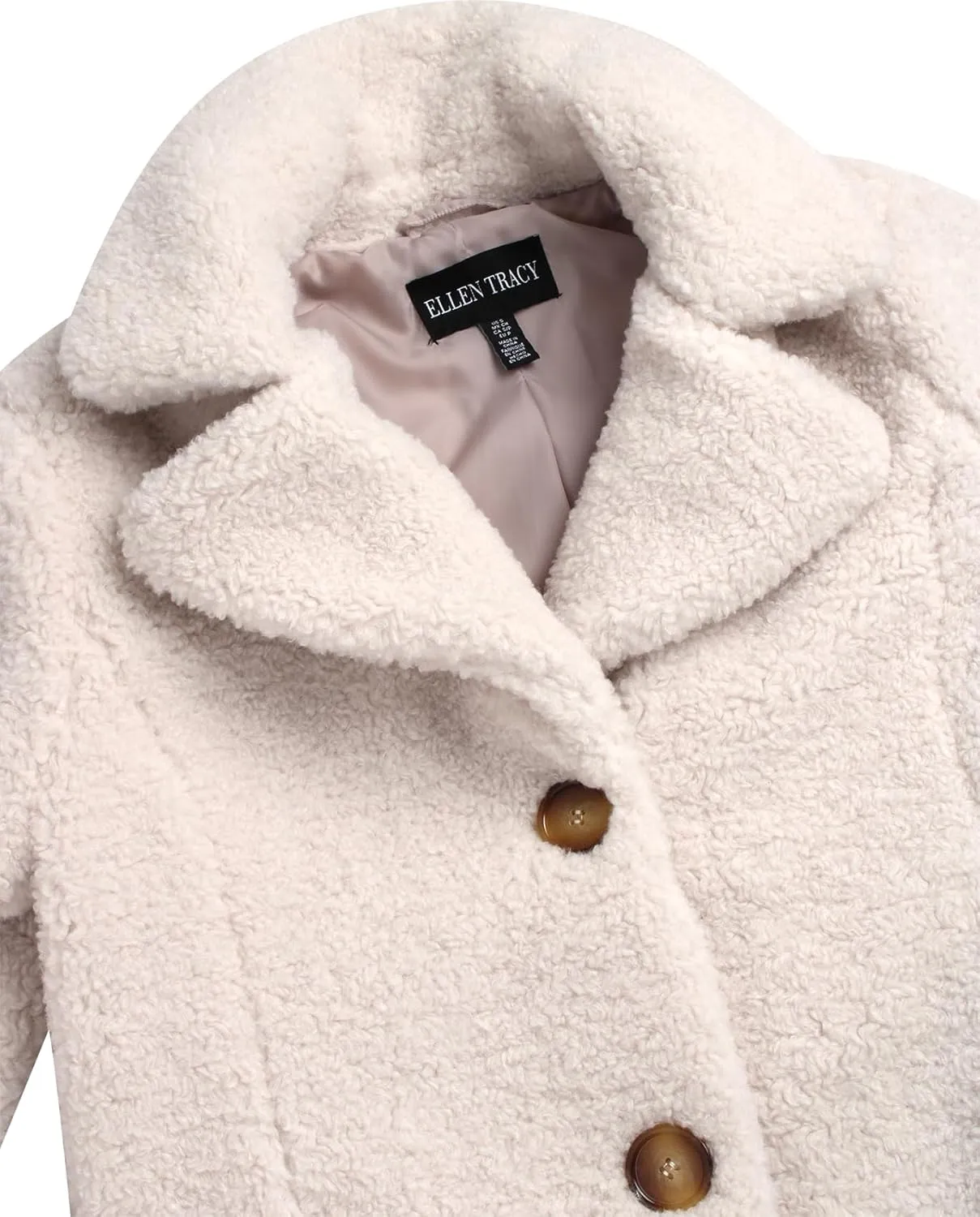 ELLEN TRACY Women's Fur Sherpa Jacket - Notch Collared Teddy Coat with Inseam Pockets - Plush Sherpa Jacket for Women (S-XL)