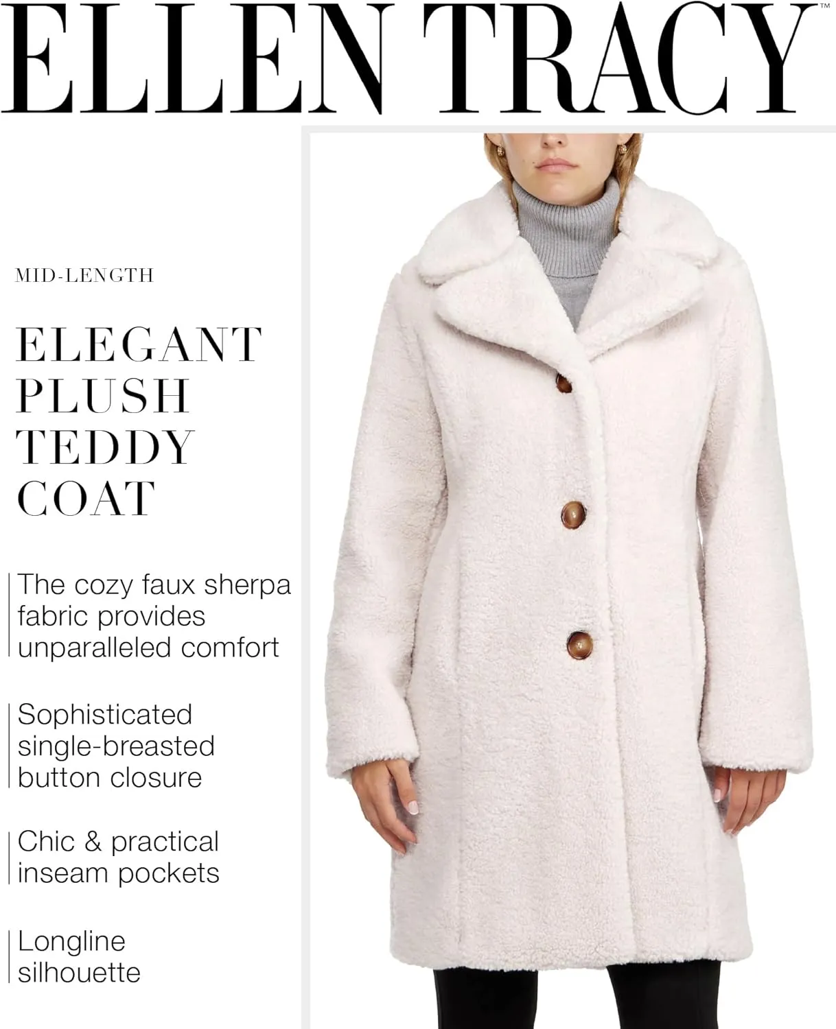 ELLEN TRACY Women's Fur Sherpa Jacket - Notch Collared Teddy Coat with Inseam Pockets - Plush Sherpa Jacket for Women (S-XL)