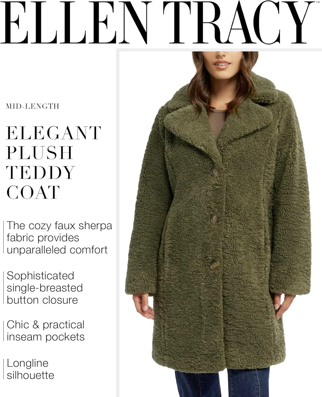 ELLEN TRACY Women's Fur Sherpa Jacket - Notch Collared Teddy Coat with Inseam Pockets - Plush Sherpa Jacket for Women (S-XL)