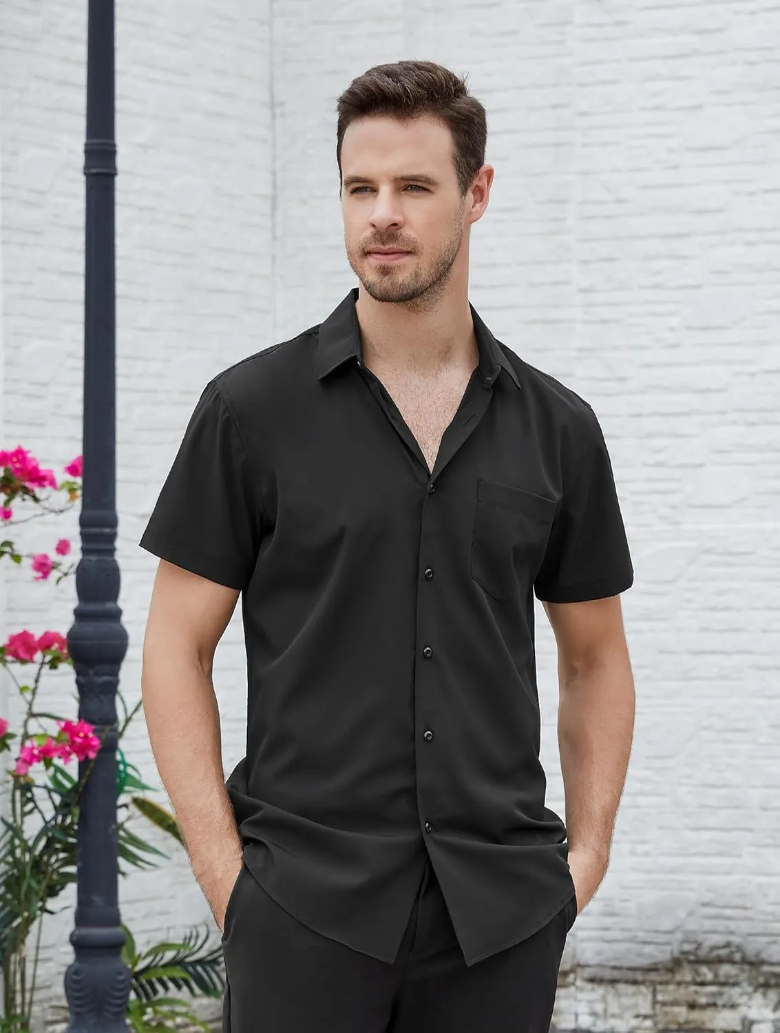 Esabel.C Mens Short Sleeve Dress Shirts 4-Way Stretch Regular Fit Stretch Wrinkle-Free Casual Button Down Shirts