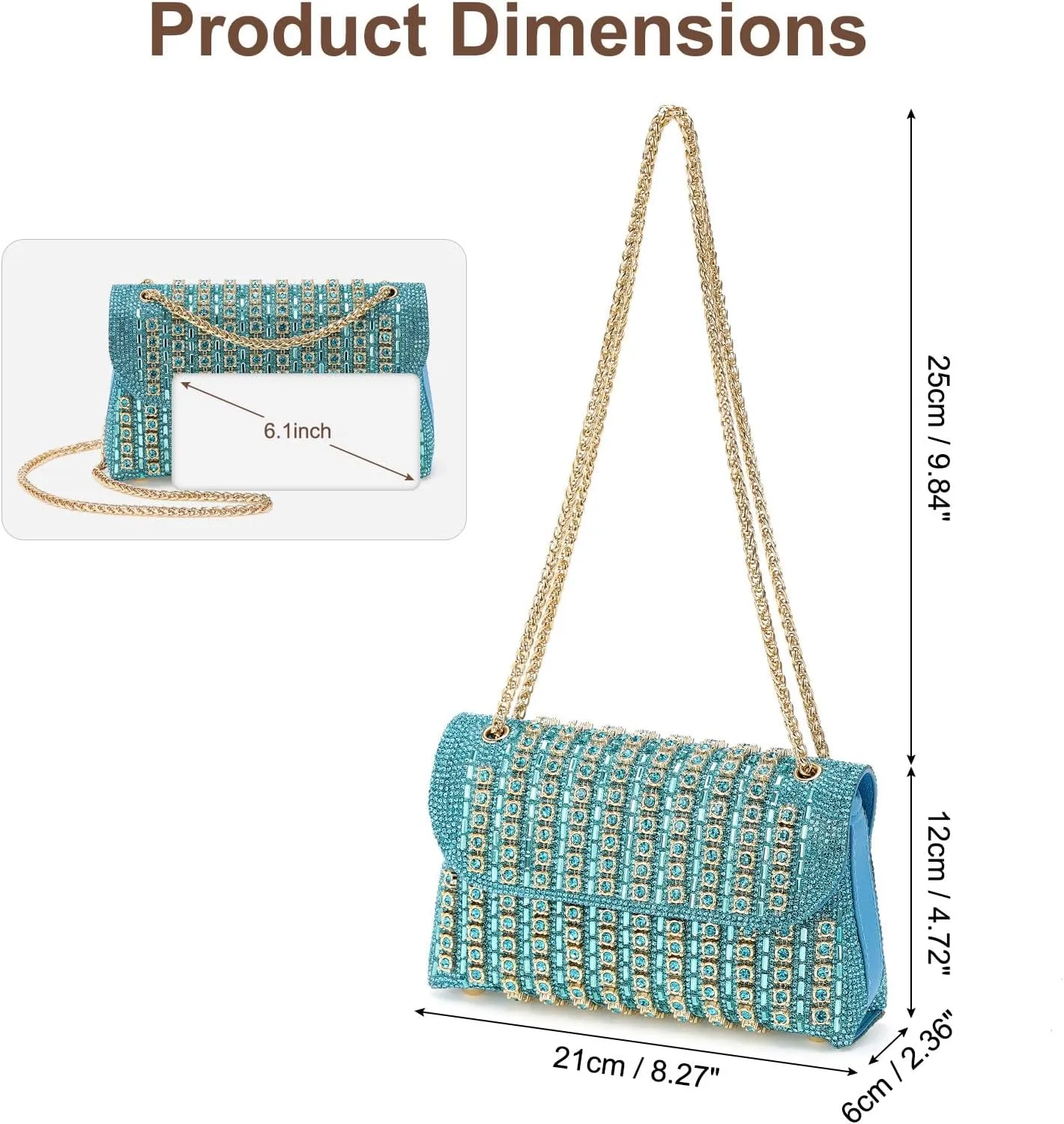 Evening Bags Clutch Purses for Women Formal, Crystal Rhinestone Crossbody Handbag with Chain Shoulder Bag Sparkly Stylish for Wedding Guest Party Blue
