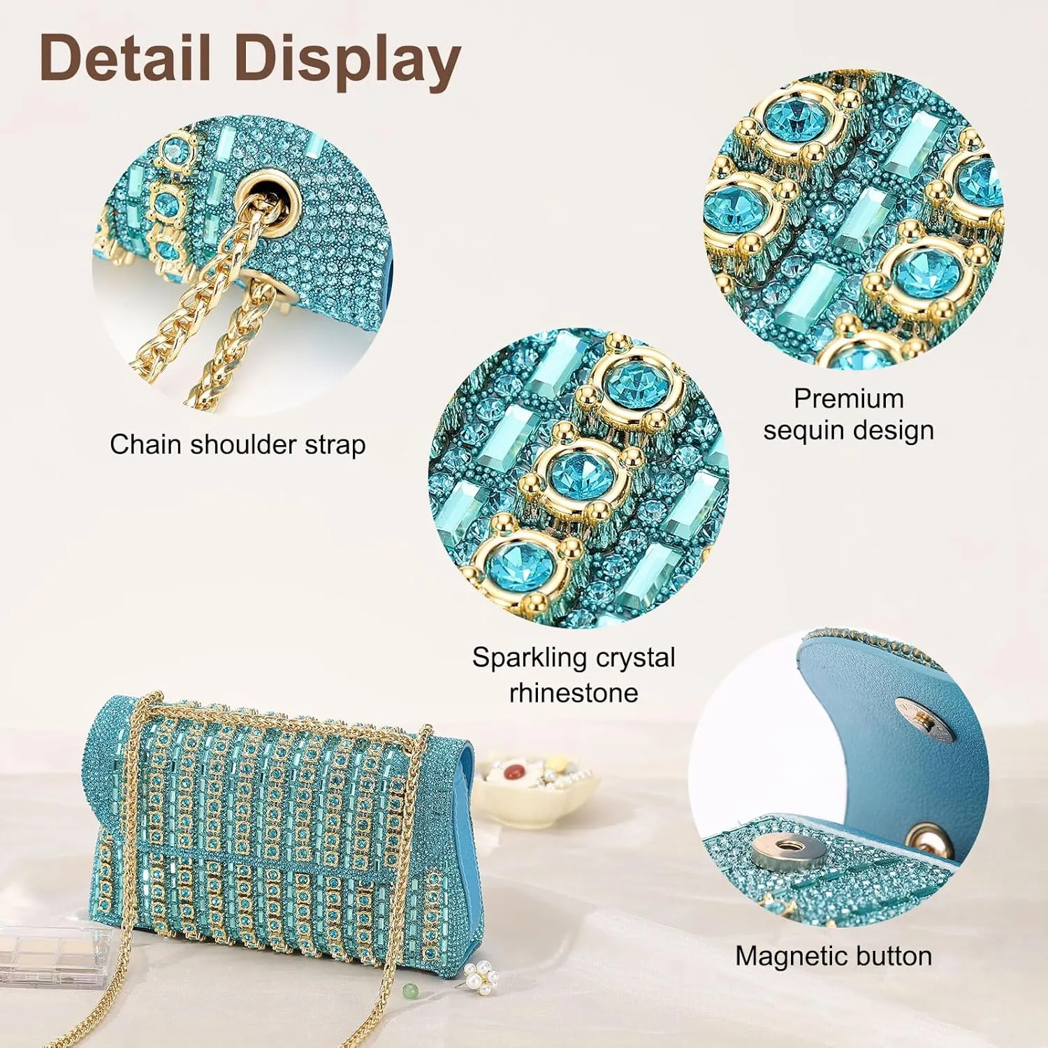 Evening Bags Clutch Purses for Women Formal, Crystal Rhinestone Crossbody Handbag with Chain Shoulder Bag Sparkly Stylish for Wedding Guest Party Blue