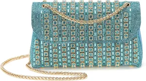 Evening Bags Clutch Purses for Women Formal, Crystal Rhinestone Crossbody Handbag with Chain Shoulder Bag Sparkly Stylish for Wedding Guest Party Blue