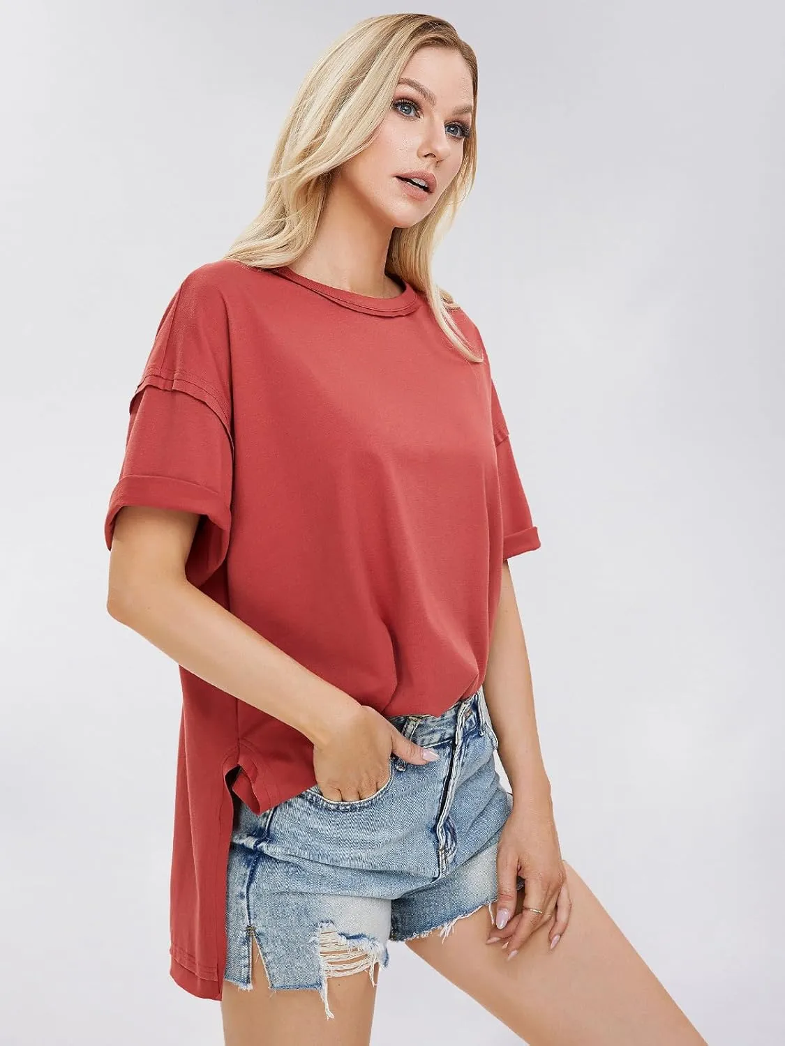 EXLURA Womens Summer Oversized T Shirts 2025 Casual Short Sleeve Loose Maternity Tops Crewneck Tunic Plus Gym Workout Top