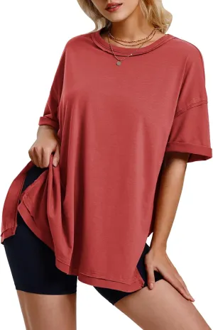 EXLURA Womens Summer Oversized T Shirts 2025 Casual Short Sleeve Loose Maternity Tops Crewneck Tunic Plus Gym Workout Top