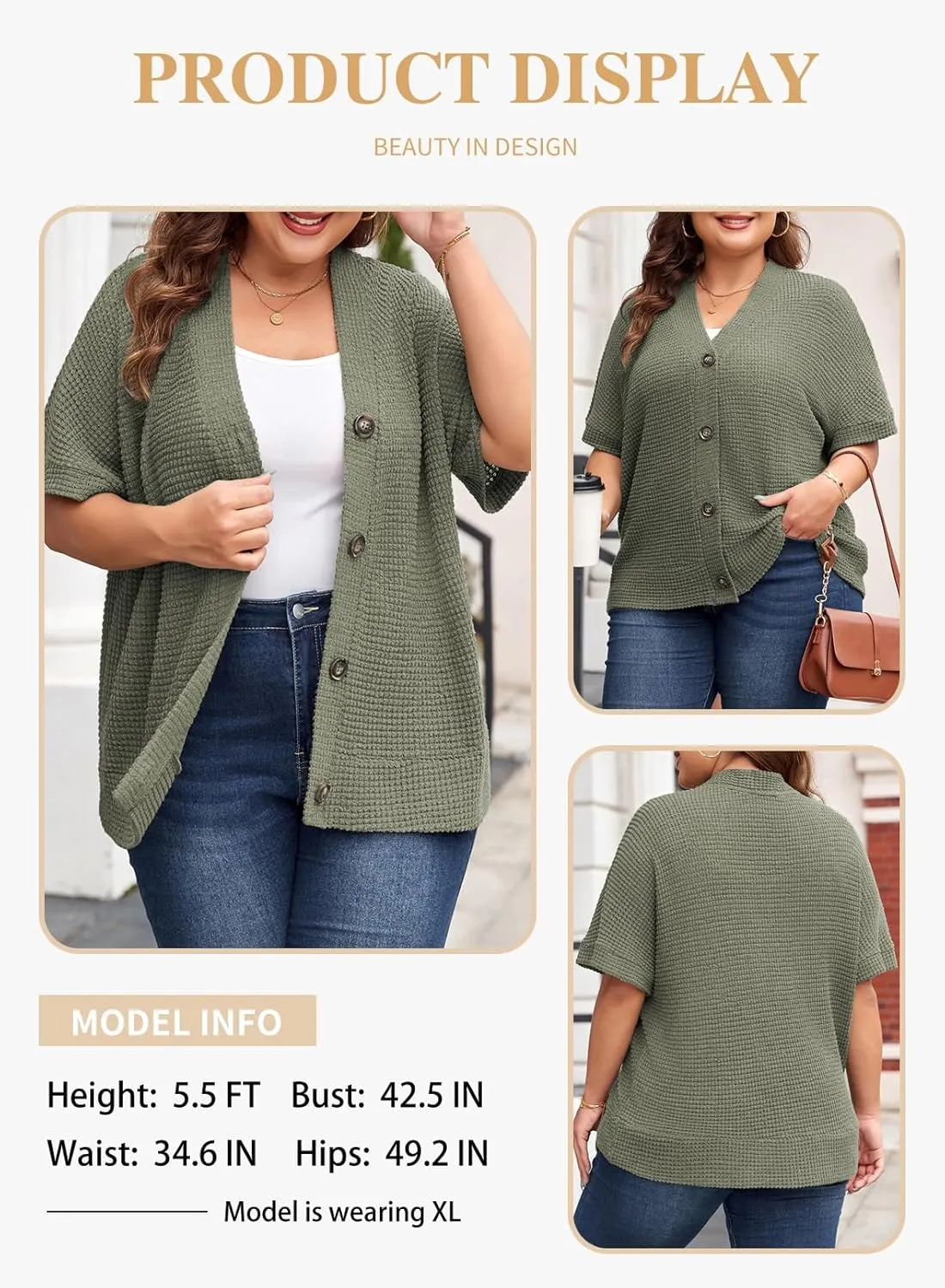 Eytino Womens Plus Size Tops Casual V Neck Short Sleeve Waffle Knit Button Down Shirts(1X-5X)