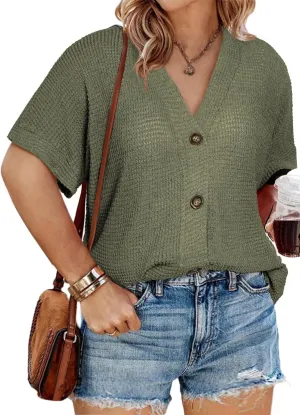 Eytino Womens Plus Size Tops Casual V Neck Short Sleeve Waffle Knit Button Down Shirts(1X-5X)