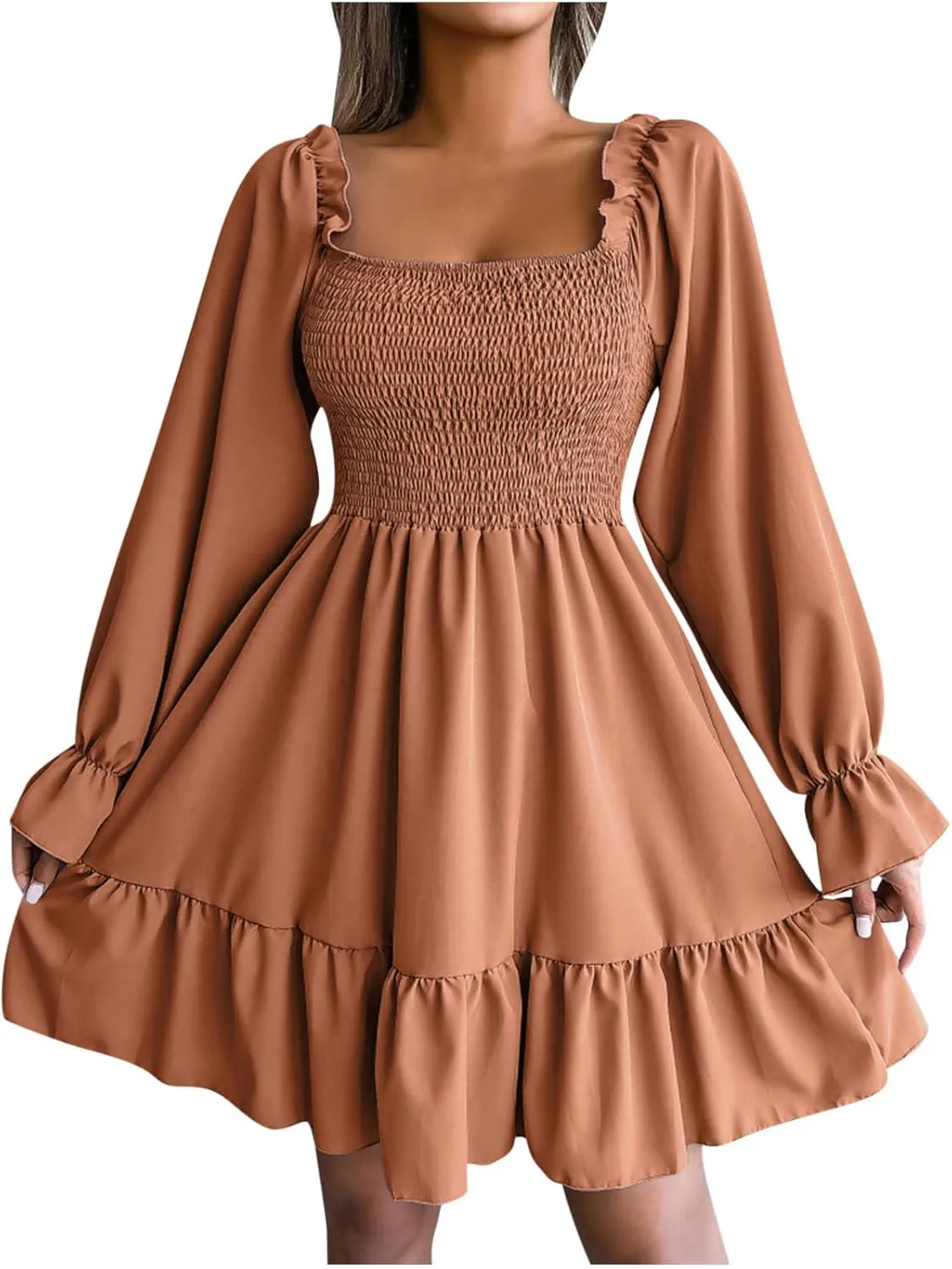 Fall Dresses for Women 2022 Square Neck Long Ruffle Sleeve V Neck Elastic Waist Short Skater Casual Mini Dresses