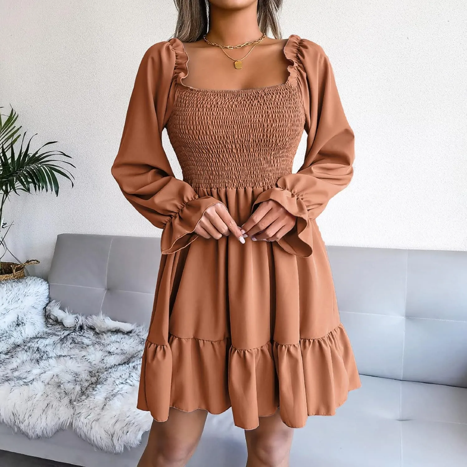 Fall Dresses for Women 2022 Square Neck Long Ruffle Sleeve V Neck Elastic Waist Short Skater Casual Mini Dresses