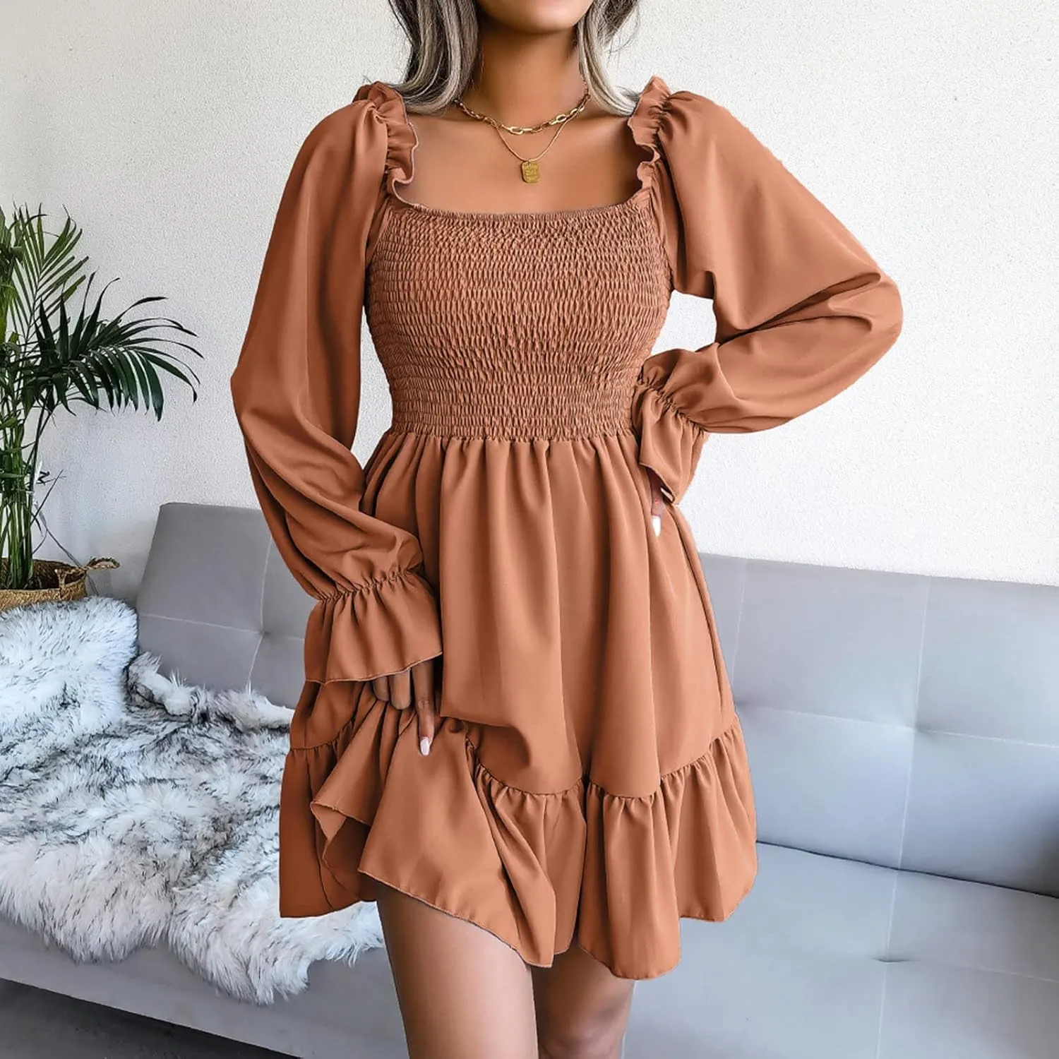 Fall Dresses for Women 2022 Square Neck Long Ruffle Sleeve V Neck Elastic Waist Short Skater Casual Mini Dresses