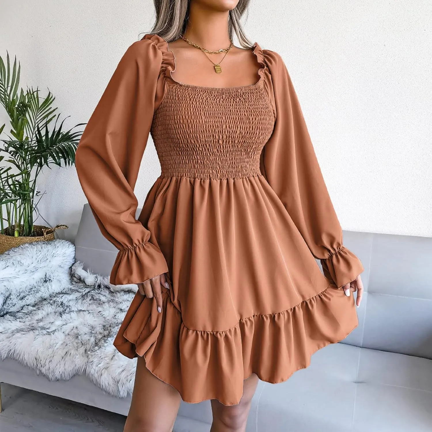 Fall Dresses for Women 2022 Square Neck Long Ruffle Sleeve V Neck Elastic Waist Short Skater Casual Mini Dresses