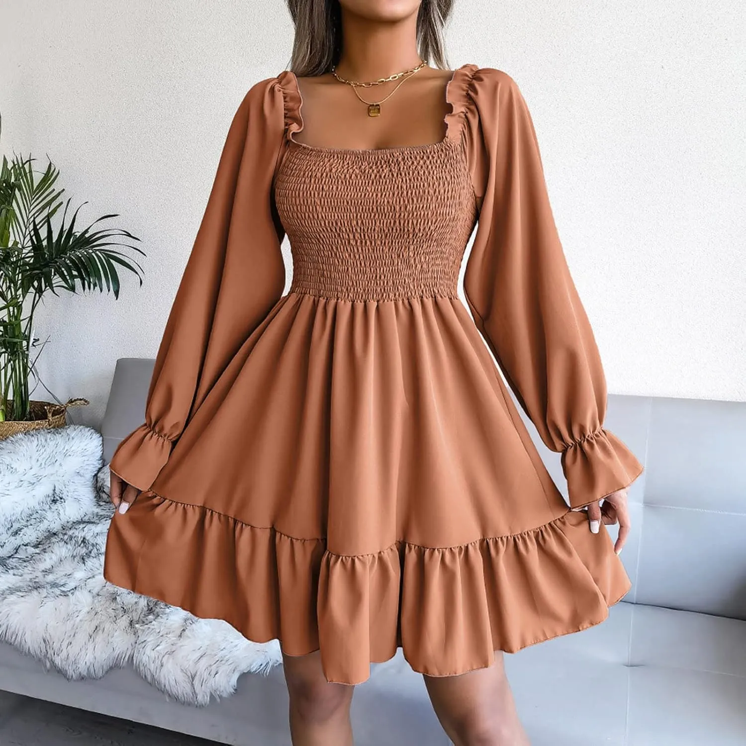 Fall Dresses for Women 2022 Square Neck Long Ruffle Sleeve V Neck Elastic Waist Short Skater Casual Mini Dresses