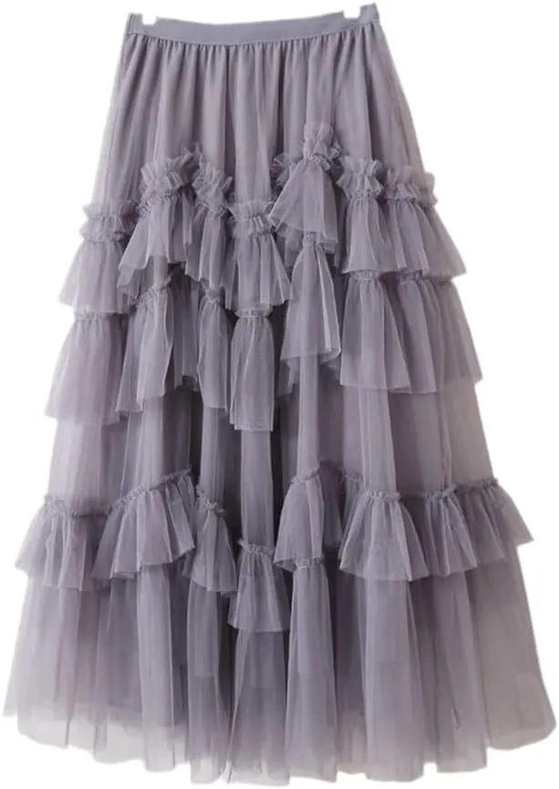Fashion Korean Style 3 Layers Mesh Tulle Long Pleated Skirt Women Mid-Length High Waist A Line Maxi Skirt Female