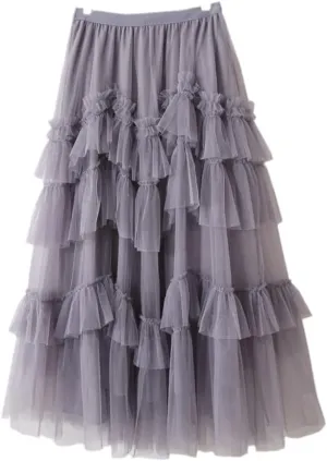 Fashion Korean Style 3 Layers Mesh Tulle Long Pleated Skirt Women Mid-Length High Waist A Line Maxi Skirt Female