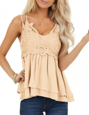 Feager Lace Tank Tops for Women Summer Spaghetti Strap Babydoll Tops Chiffon Cami Sleeveless Shirts
