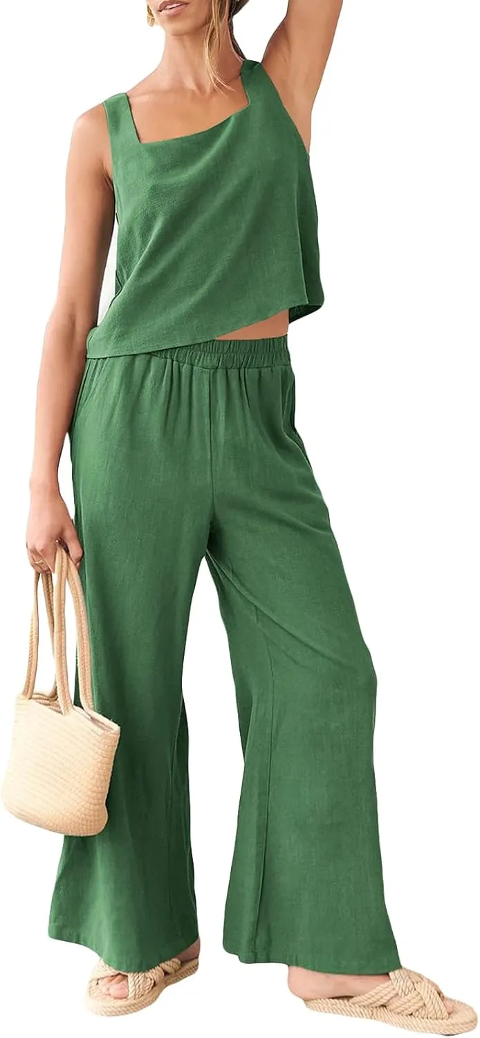 FEORJGP Womens Summer Two Piece Linen Pants Set Outfit 2 Piece Tank Tops with High Waist Trousers 2Pcs Clothes Set Loungewear
