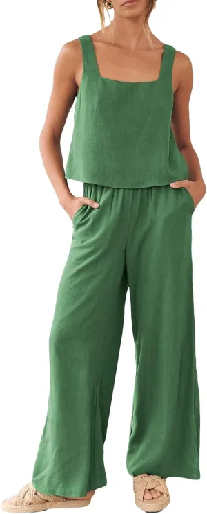 FEORJGP Womens Summer Two Piece Linen Pants Set Outfit 2 Piece Tank Tops with High Waist Trousers 2Pcs Clothes Set Loungewear