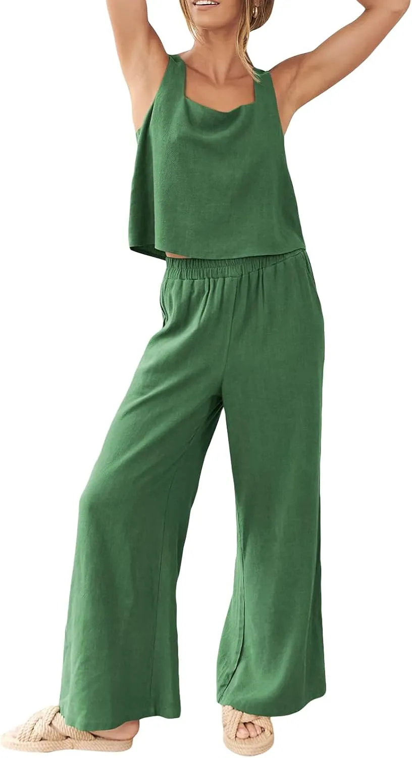 FEORJGP Womens Summer Two Piece Linen Pants Set Outfit 2 Piece Tank Tops with High Waist Trousers 2Pcs Clothes Set Loungewear