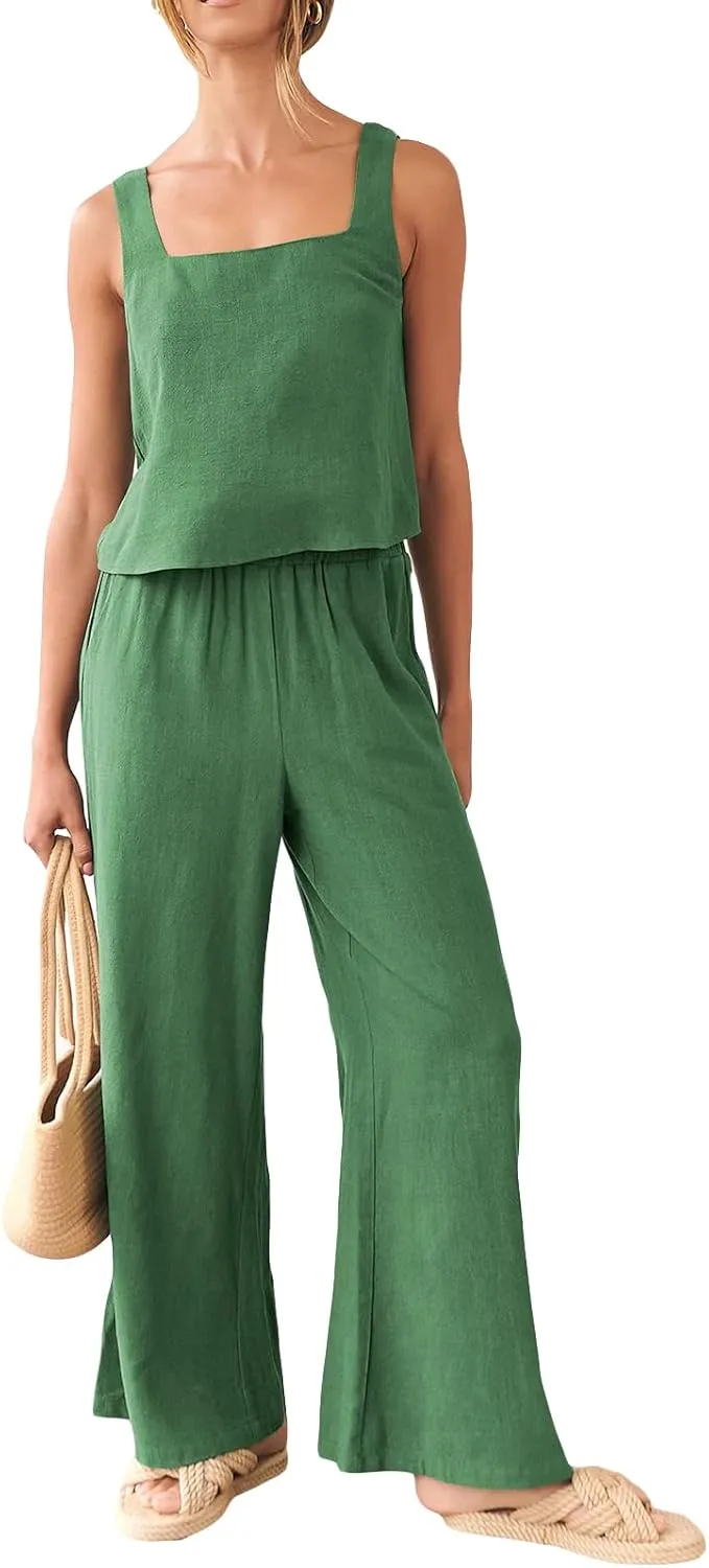 FEORJGP Womens Summer Two Piece Linen Pants Set Outfit 2 Piece Tank Tops with High Waist Trousers 2Pcs Clothes Set Loungewear
