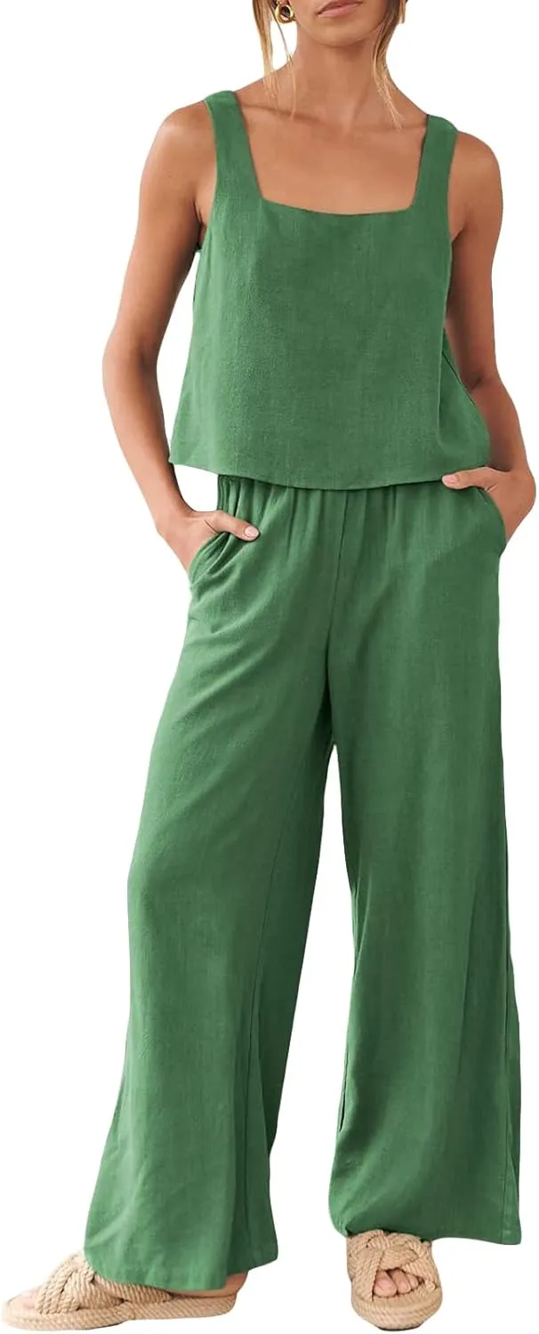 FEORJGP Womens Summer Two Piece Linen Pants Set Outfit 2 Piece Tank Tops with High Waist Trousers 2Pcs Clothes Set Loungewear