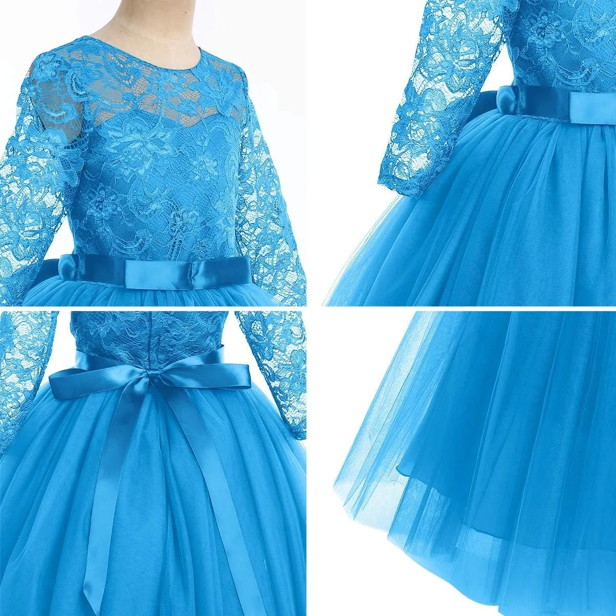 Flower Girls Long Floral Boho Lace Wedding Bridesmaid Dress 3/4 Sleeves Princess Puffy Maxi Tulle Pageant Formal Party Gowns