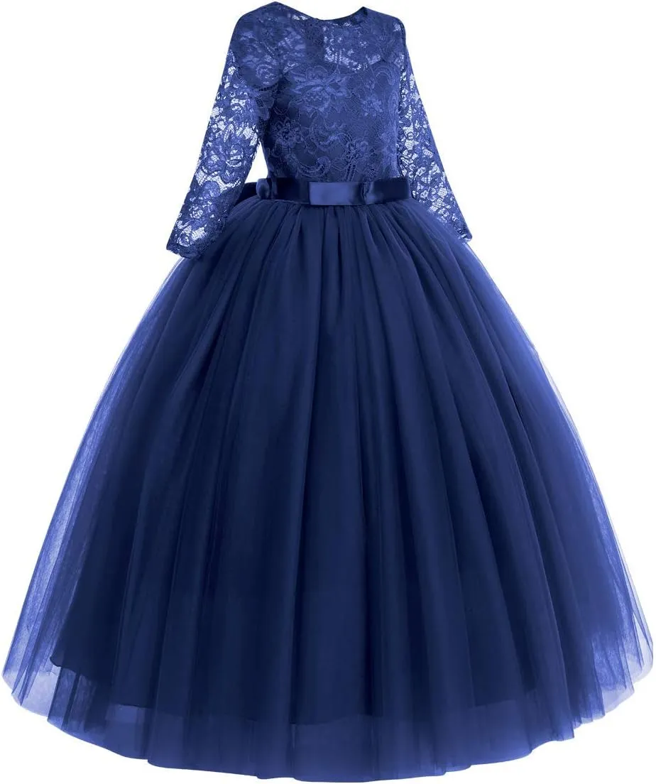 Flower Girls Long Floral Boho Lace Wedding Bridesmaid Dress 3/4 Sleeves Princess Puffy Maxi Tulle Pageant Formal Party Gowns