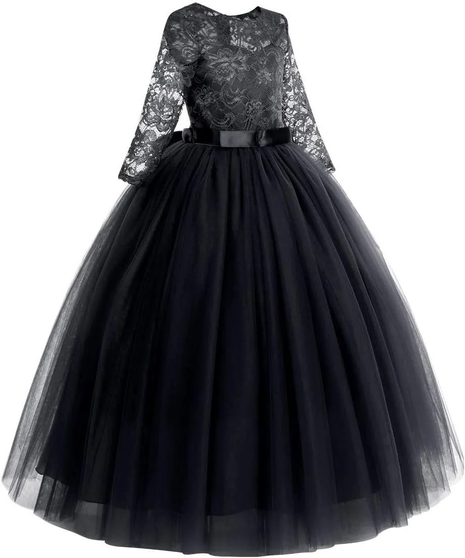 Flower Girls Long Floral Boho Lace Wedding Bridesmaid Dress 3/4 Sleeves Princess Puffy Maxi Tulle Pageant Formal Party Gowns