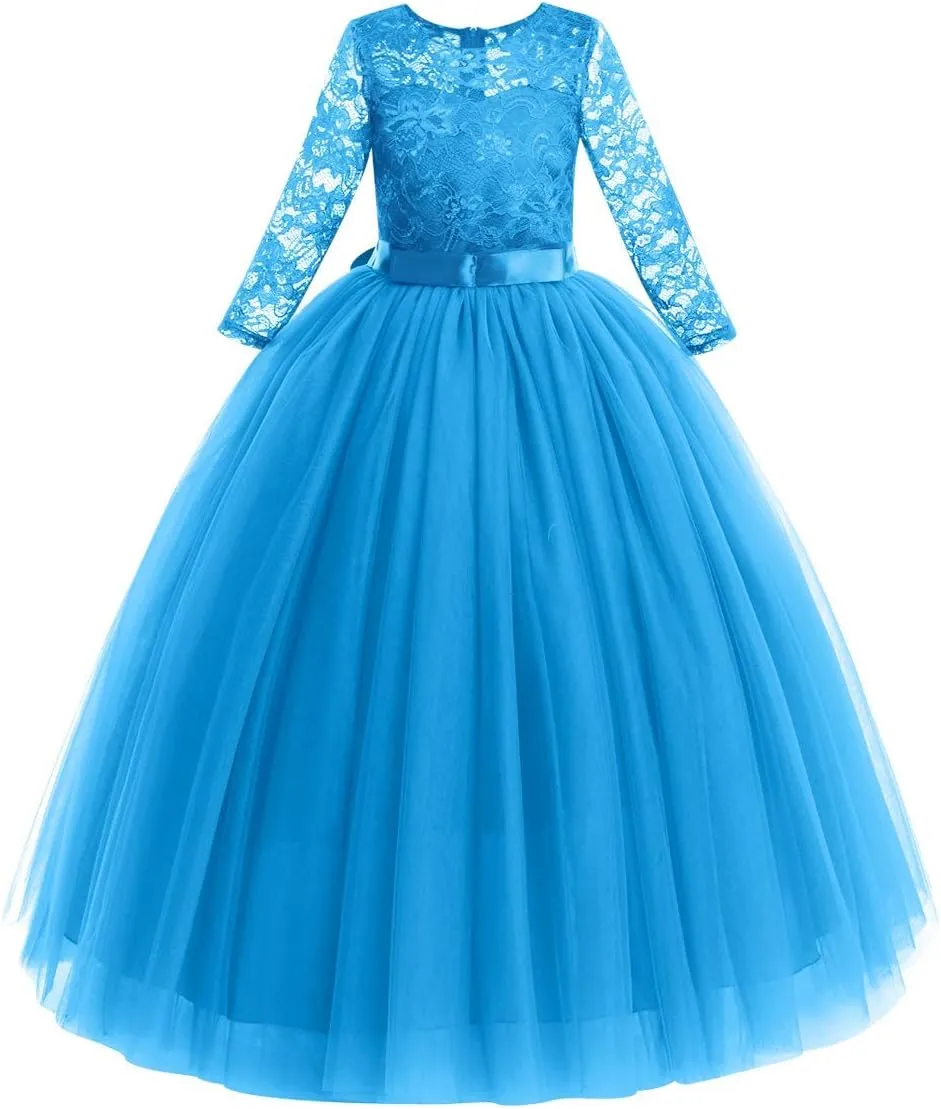Flower Girls Long Floral Boho Lace Wedding Bridesmaid Dress 3/4 Sleeves Princess Puffy Maxi Tulle Pageant Formal Party Gowns