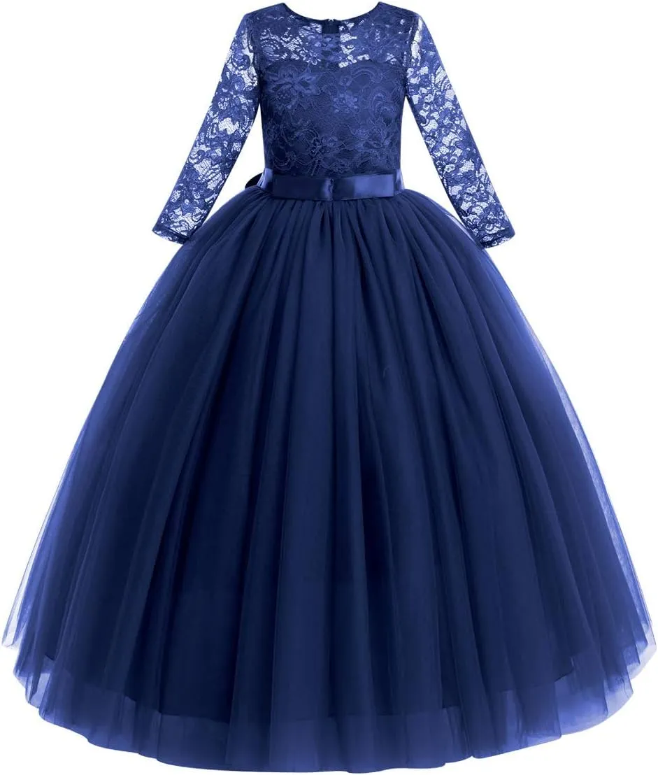 Flower Girls Long Floral Boho Lace Wedding Bridesmaid Dress 3/4 Sleeves Princess Puffy Maxi Tulle Pageant Formal Party Gowns