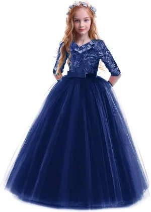 Flower Girls Long Floral Boho Lace Wedding Bridesmaid Dress 3/4 Sleeves Princess Puffy Maxi Tulle Pageant Formal Party Gowns