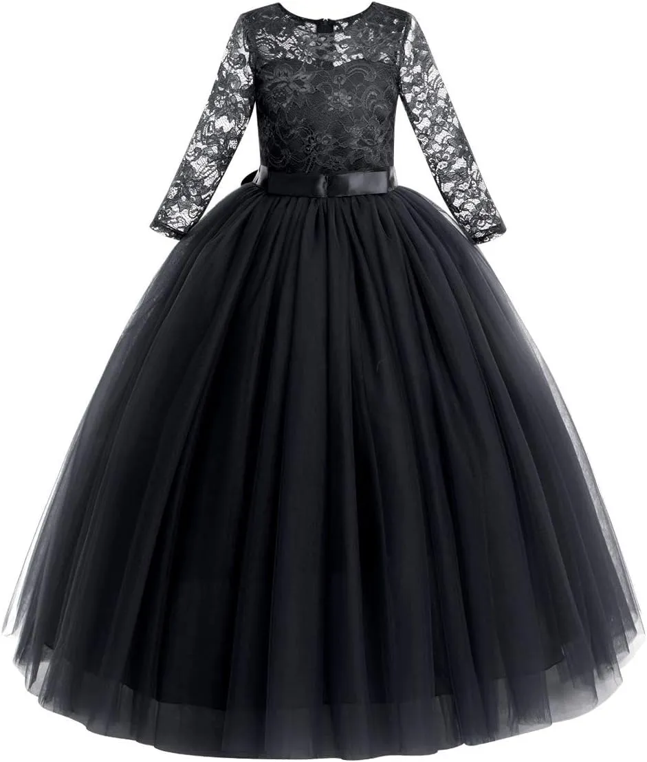 Flower Girls Long Floral Boho Lace Wedding Bridesmaid Dress 3/4 Sleeves Princess Puffy Maxi Tulle Pageant Formal Party Gowns