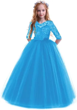 Flower Girls Long Floral Boho Lace Wedding Bridesmaid Dress 3/4 Sleeves Princess Puffy Maxi Tulle Pageant Formal Party Gowns