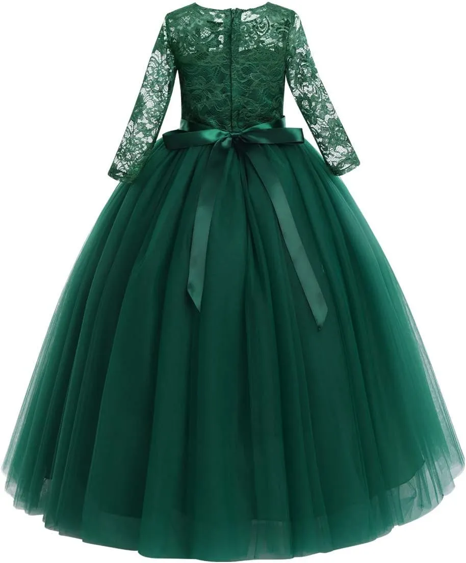 Flower Girls Long Floral Boho Lace Wedding Bridesmaid Dress 3/4 Sleeves Princess Puffy Maxi Tulle Pageant Formal Party Gowns