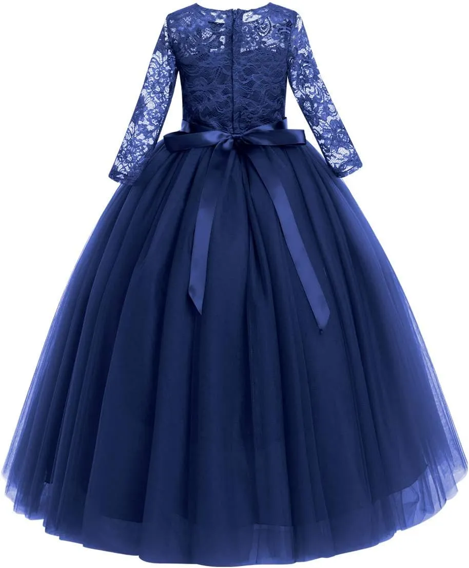 Flower Girls Long Floral Boho Lace Wedding Bridesmaid Dress 3/4 Sleeves Princess Puffy Maxi Tulle Pageant Formal Party Gowns