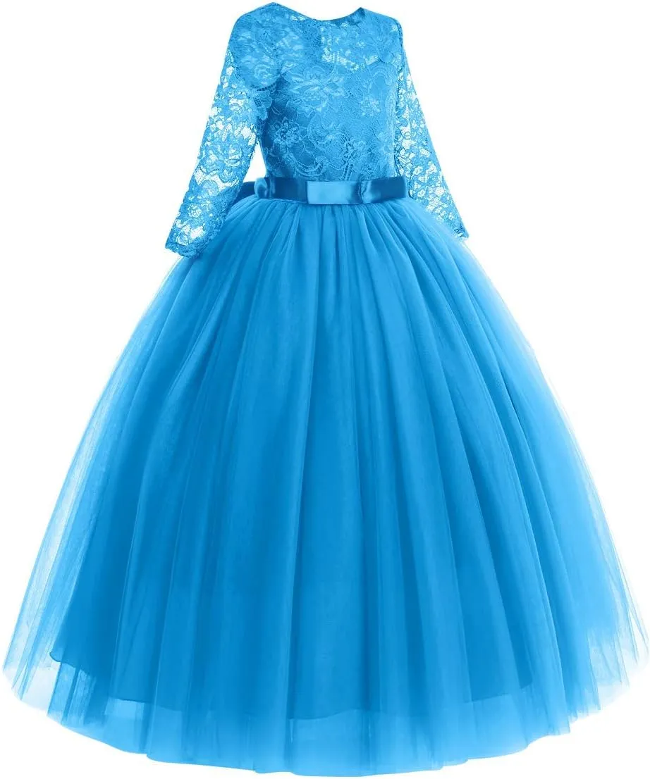 Flower Girls Long Floral Boho Lace Wedding Bridesmaid Dress 3/4 Sleeves Princess Puffy Maxi Tulle Pageant Formal Party Gowns