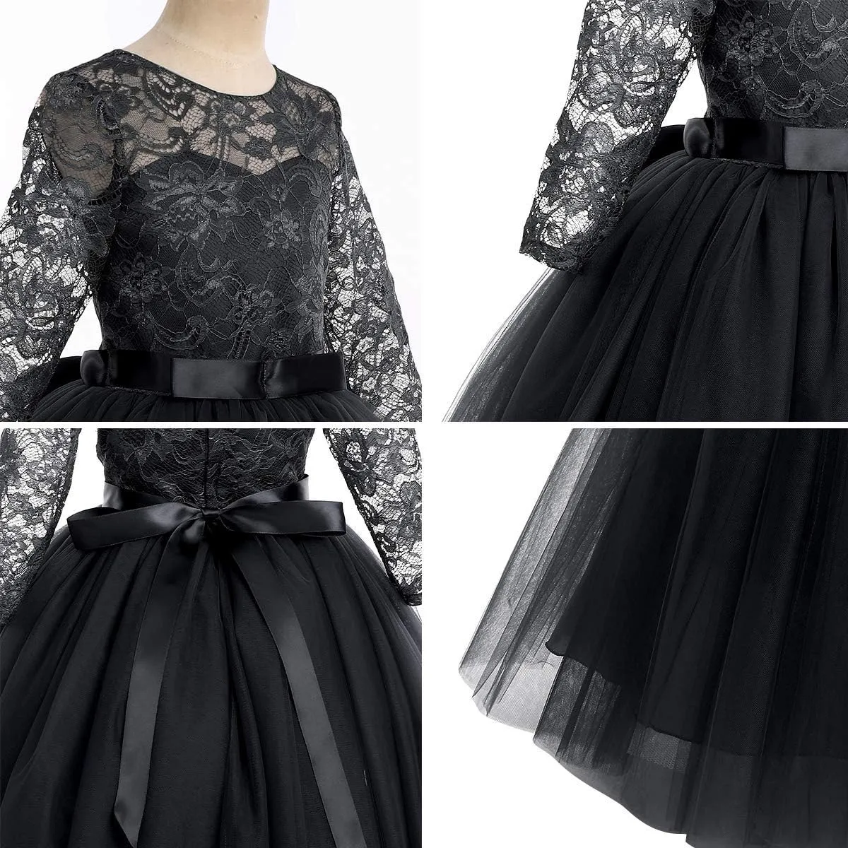 Flower Girls Long Floral Boho Lace Wedding Bridesmaid Dress 3/4 Sleeves Princess Puffy Maxi Tulle Pageant Formal Party Gowns