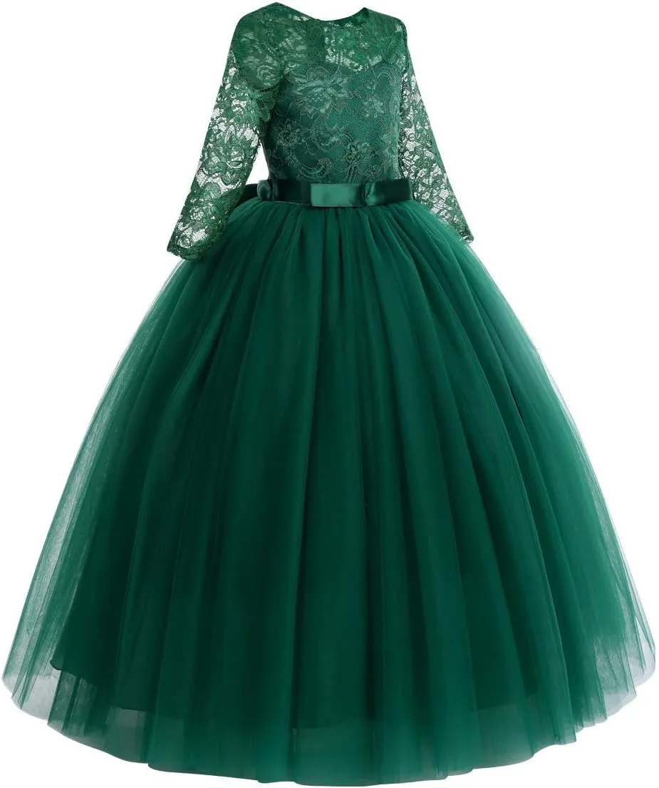 Flower Girls Long Floral Boho Lace Wedding Bridesmaid Dress 3/4 Sleeves Princess Puffy Maxi Tulle Pageant Formal Party Gowns