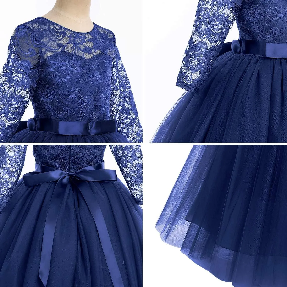 Flower Girls Long Floral Boho Lace Wedding Bridesmaid Dress 3/4 Sleeves Princess Puffy Maxi Tulle Pageant Formal Party Gowns