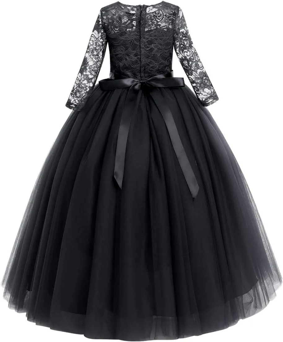 Flower Girls Long Floral Boho Lace Wedding Bridesmaid Dress 3/4 Sleeves Princess Puffy Maxi Tulle Pageant Formal Party Gowns