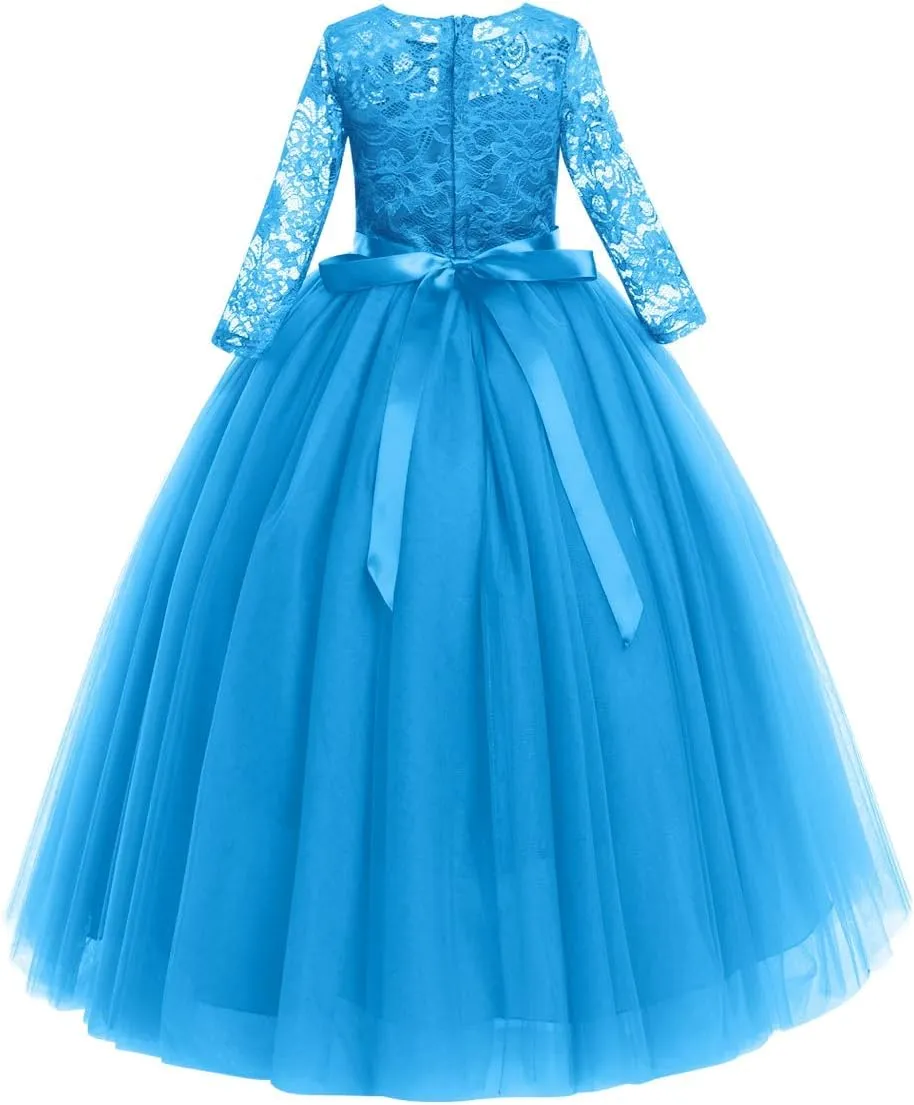 Flower Girls Long Floral Boho Lace Wedding Bridesmaid Dress 3/4 Sleeves Princess Puffy Maxi Tulle Pageant Formal Party Gowns