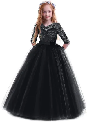 Flower Girls Long Floral Boho Lace Wedding Bridesmaid Dress 3/4 Sleeves Princess Puffy Maxi Tulle Pageant Formal Party Gowns