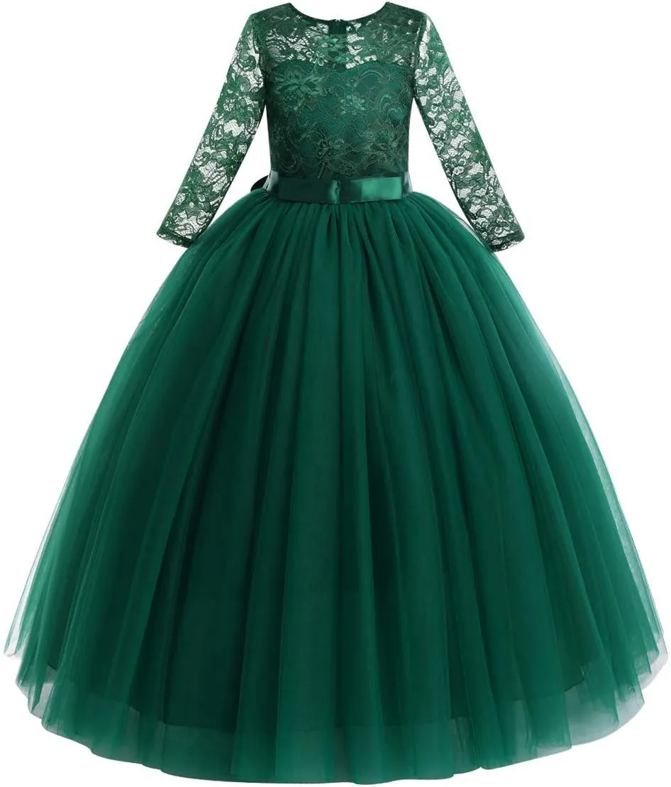Flower Girls Long Floral Boho Lace Wedding Bridesmaid Dress 3/4 Sleeves Princess Puffy Maxi Tulle Pageant Formal Party Gowns