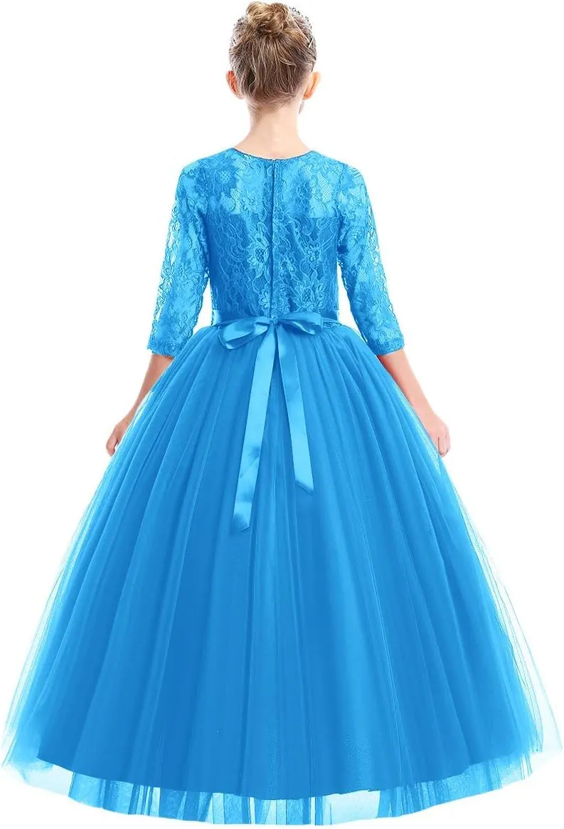 Flower Girls Long Floral Boho Lace Wedding Bridesmaid Dress 3/4 Sleeves Princess Puffy Maxi Tulle Pageant Formal Party Gowns