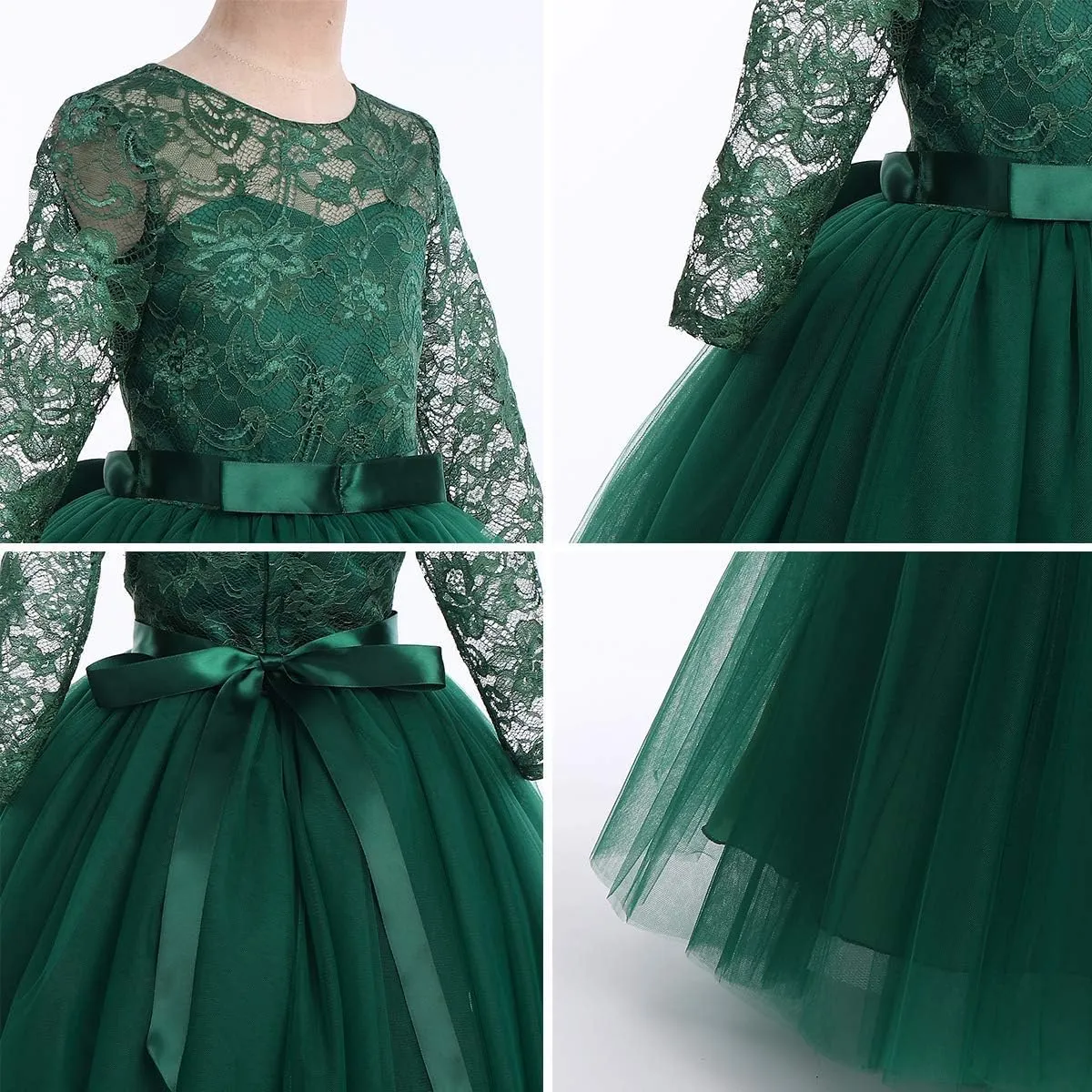 Flower Girls Long Floral Boho Lace Wedding Bridesmaid Dress 3/4 Sleeves Princess Puffy Maxi Tulle Pageant Formal Party Gowns