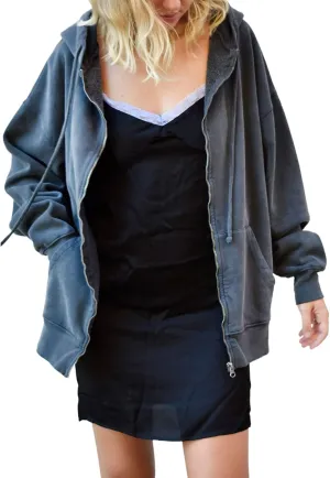 FOMOYUU Women Oversized Zip Up Hoodie E-girl Baggy Loose Solid Hooded Sweatshirt Jacket Outwear Casual Coat