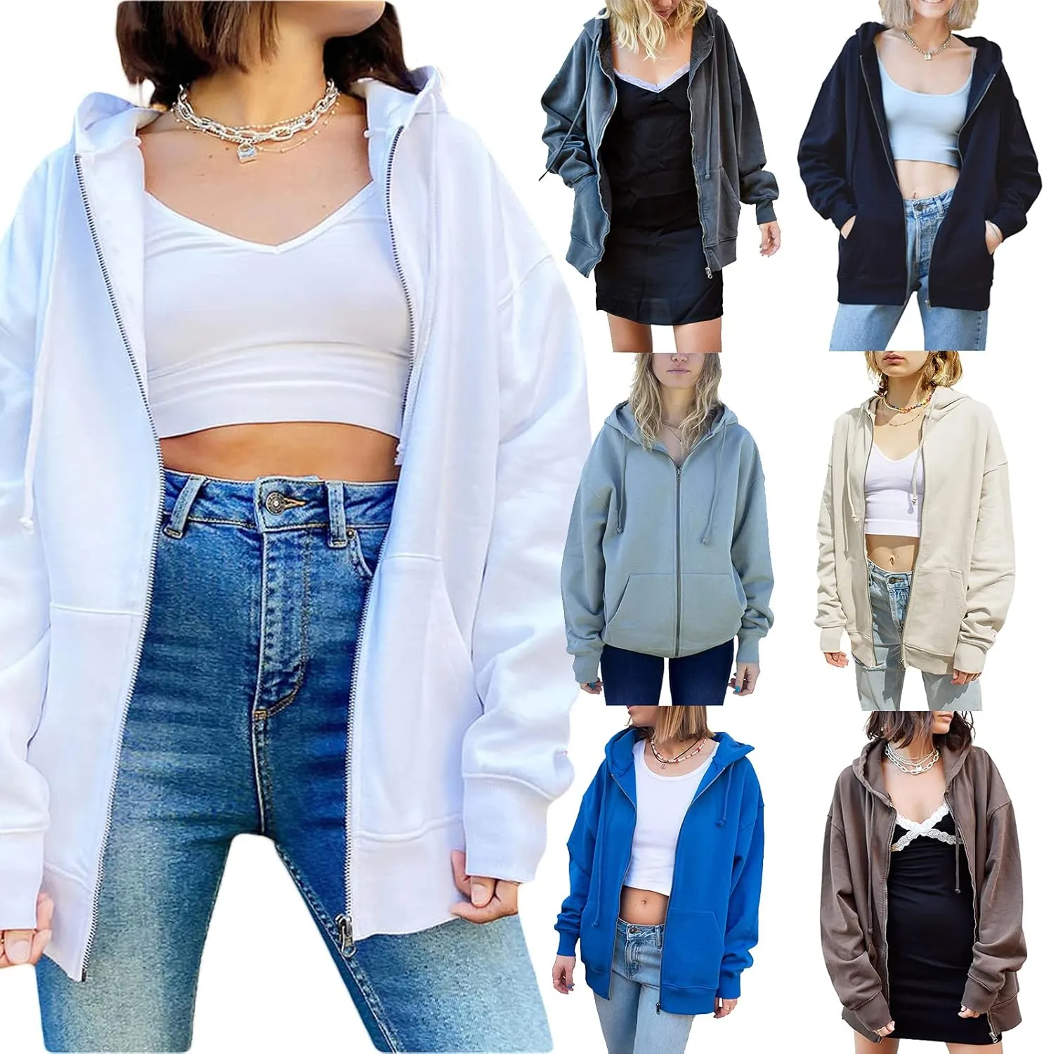 FOMOYUU Women Oversized Zip Up Hoodie E-girl Baggy Loose Solid Hooded Sweatshirt Jacket Outwear Casual Coat