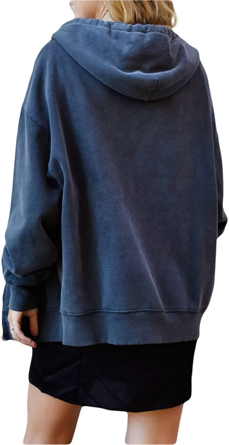 FOMOYUU Women Oversized Zip Up Hoodie E-girl Baggy Loose Solid Hooded Sweatshirt Jacket Outwear Casual Coat