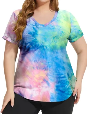 FOREYOND Plus Size Workout Tops for Women Short Sleeves V Neck Yoga Shirts Loose Fit Athletic Gym Running Clothes Summer