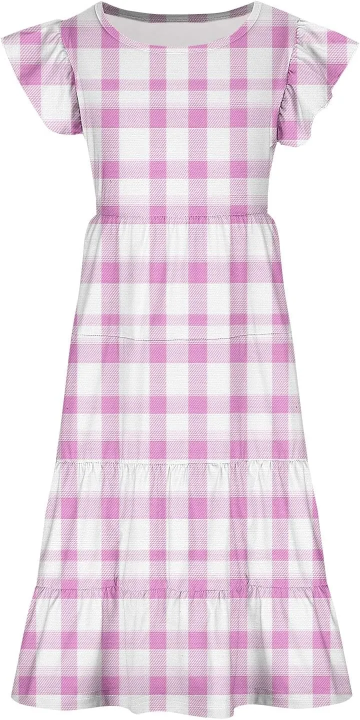 Girls Dresses Summer Floral Print Ruffle Tiered Layers Flowy Swing Sundress Casual Short Sleeve A-Line Midi Dress