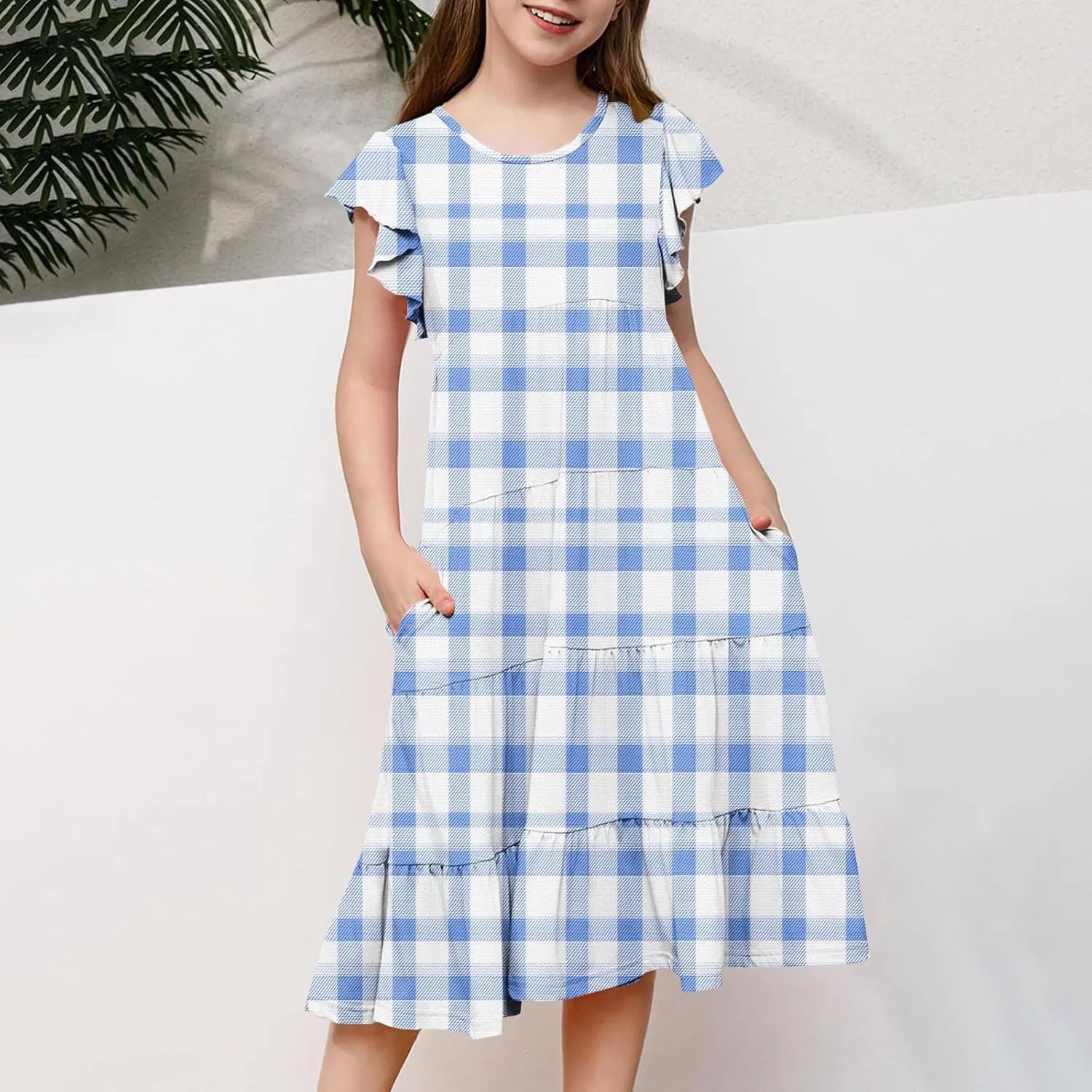 Girls Dresses Summer Floral Print Ruffle Tiered Layers Flowy Swing Sundress Casual Short Sleeve A-Line Midi Dress